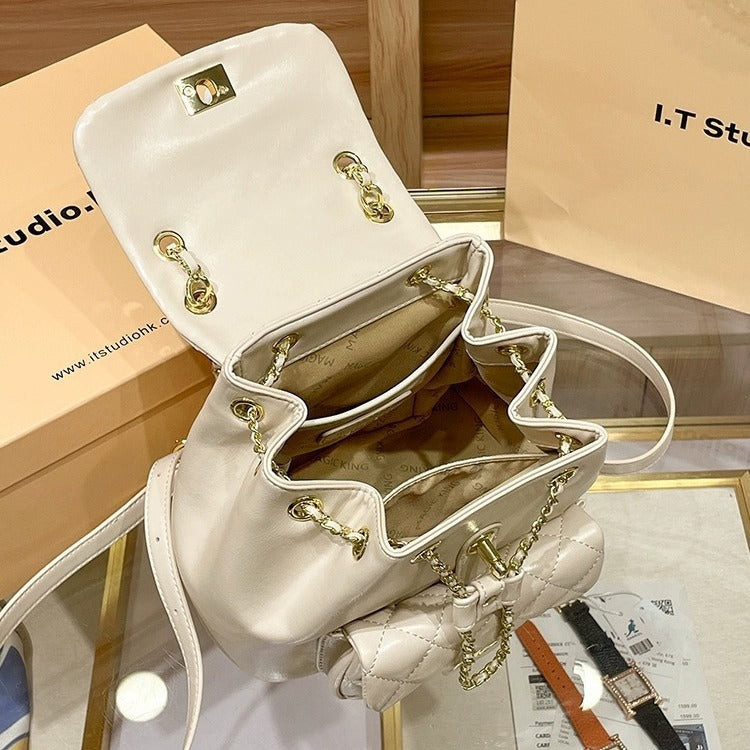 Women's Genuine Leather Simple Rhombus Fashion Chain Backpacks