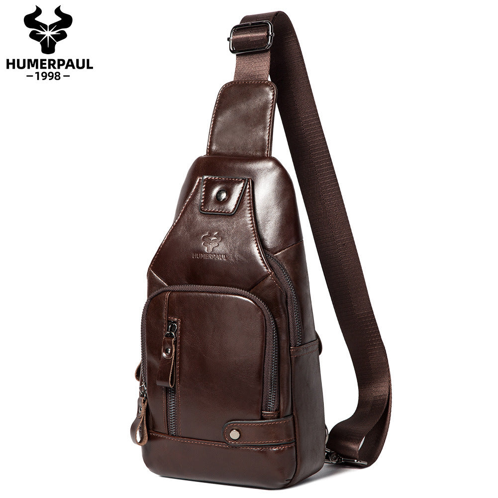 Men's First Layer Cowhide Soft Leather Genuine Flat Men's Chest Bags