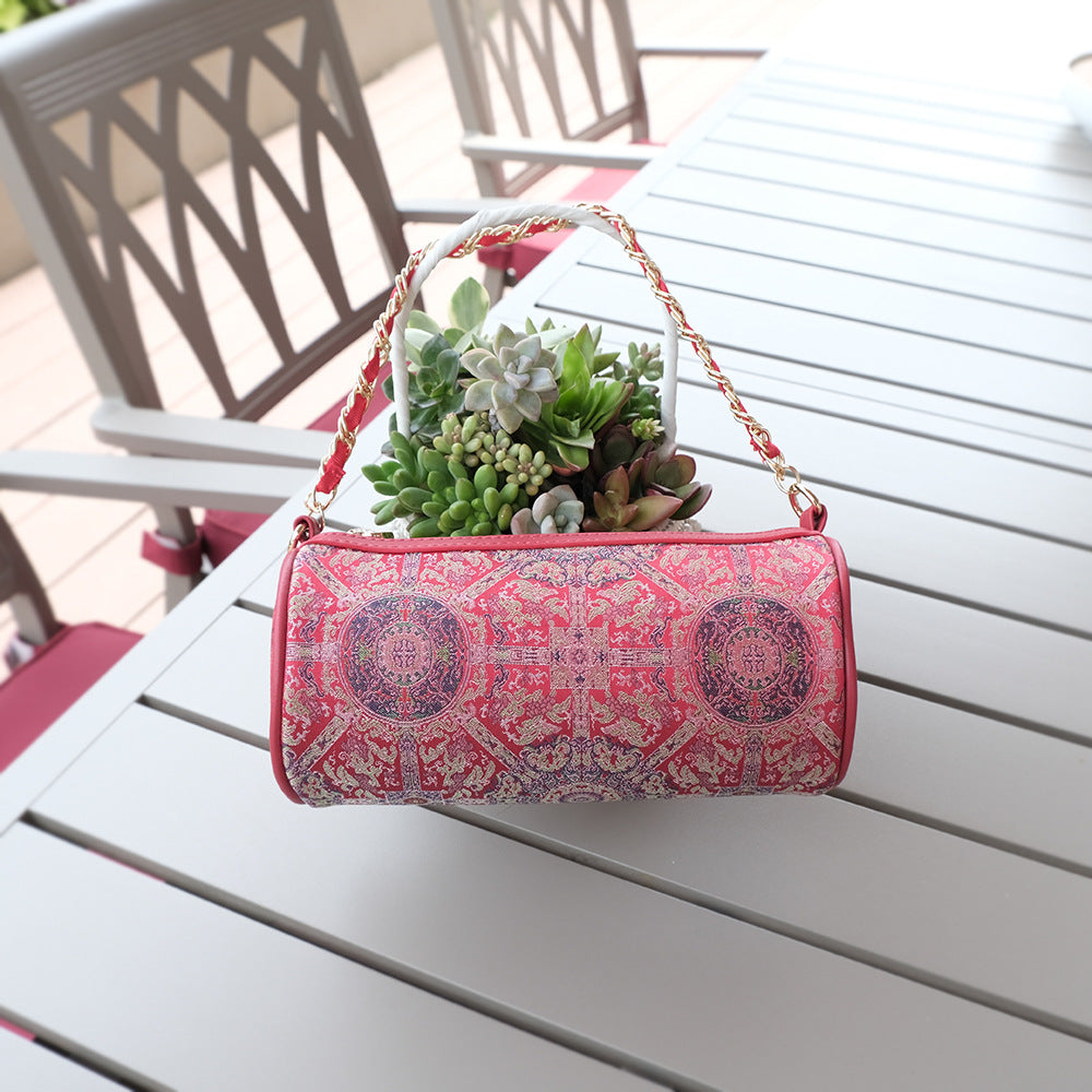 Women's Dynasty Brocade Cylinder Chinese Style Jacquard Design Crossbody Bags