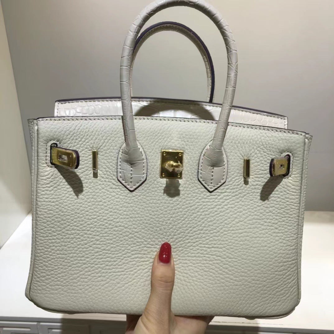 Pattern Color Matching Calfskin Litchi Genuine Handbags