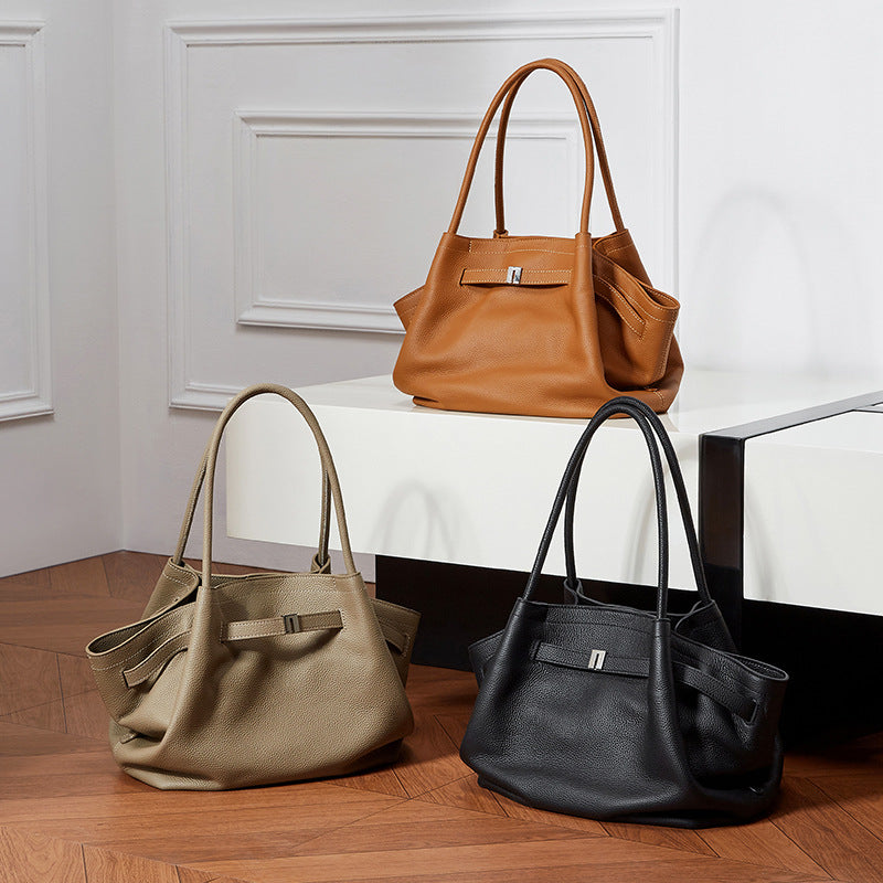 Women's Simple Pleated Vegetable Basket Temperament Genuine Shoulder Bags