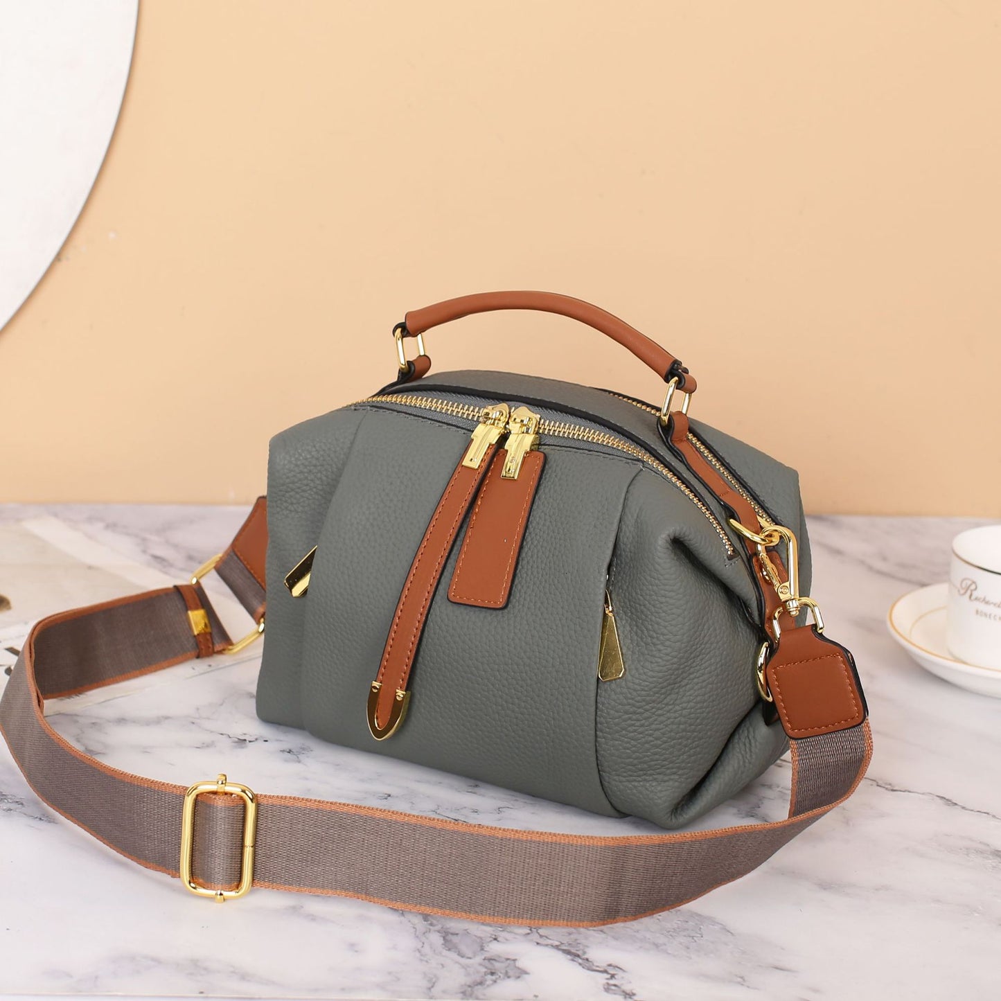 Women's Layer Leather Contrast Color Beautiful Portable Pillow Handbags