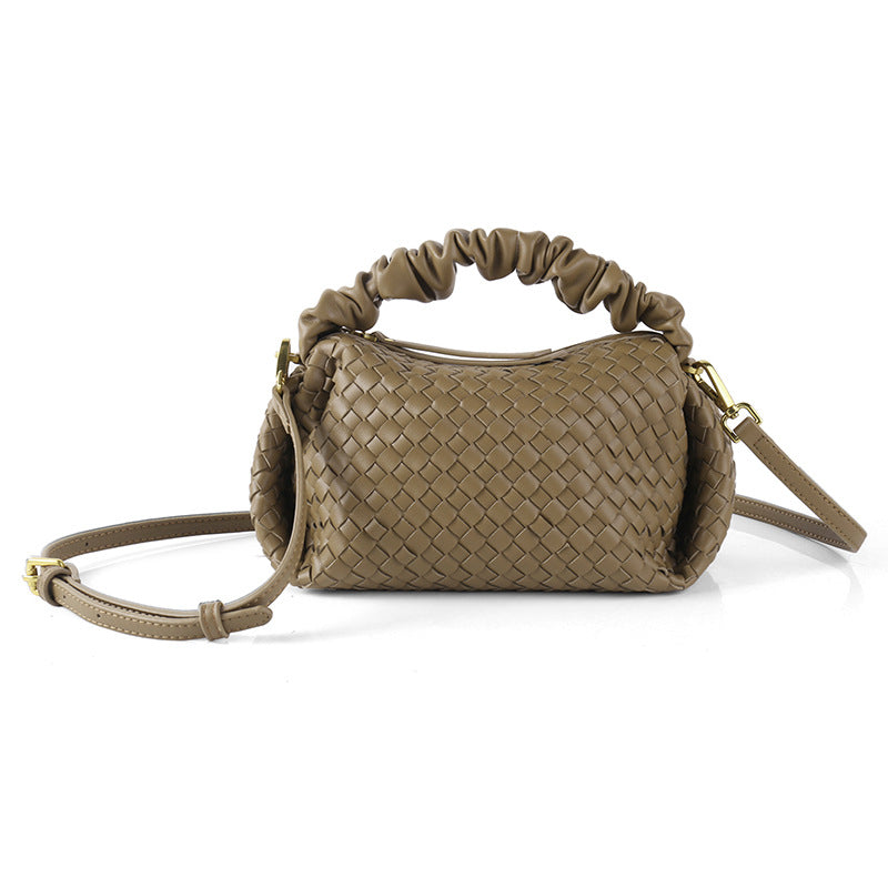 Soft Leather Woven Pleated Wooden Ear Portable Handbags