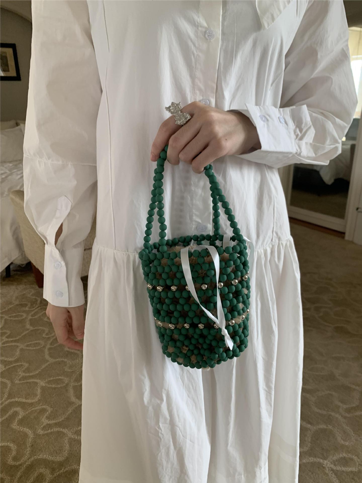 Women's Hand-woven With Wooden Beads Decoration Versatile Vacation Style Bucket Bags