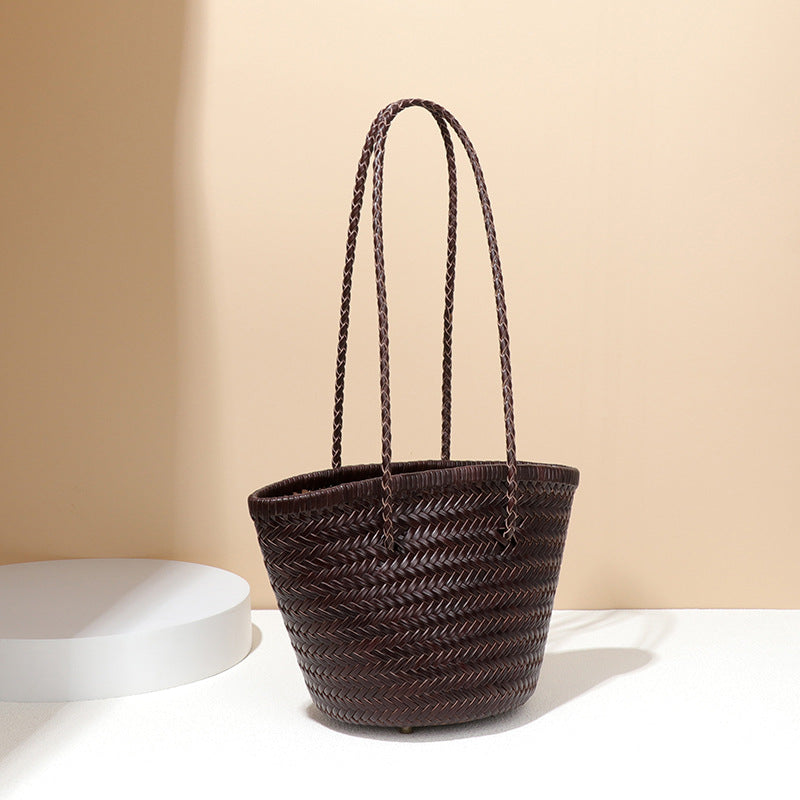 Retro First Layer Cowhide Hand-woven Single Niche Leather Bucket Bags