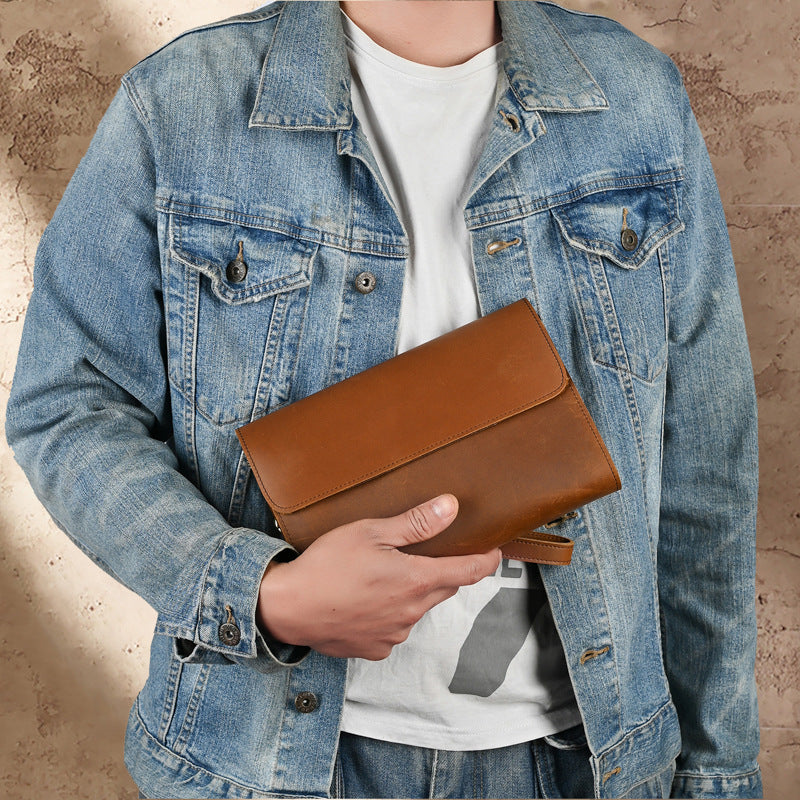 Horse Leather Clutch Large Capacity Vintage First Layer Men's Handbags