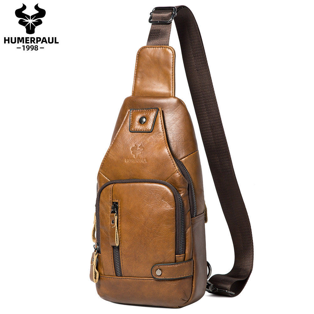 Men's First Layer Cowhide Soft Leather Genuine Flat Men's Chest Bags