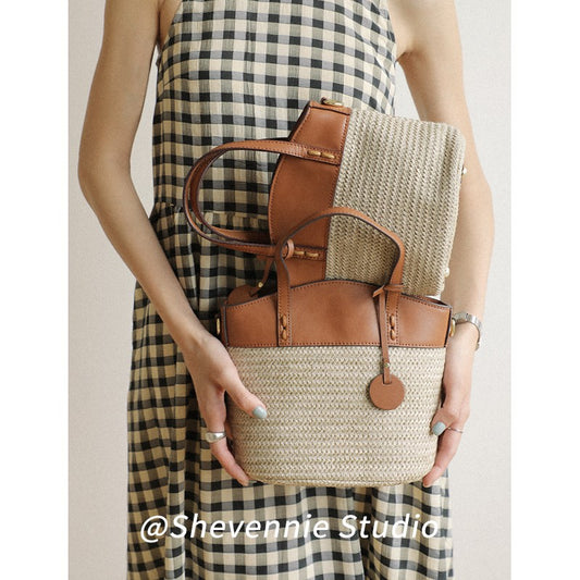Women's Vacation Style Genuine Leather Environmental Protection Bucket Bags