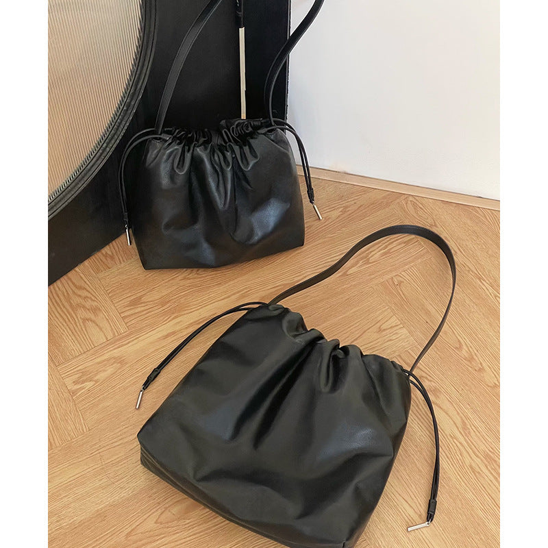 Women's Soft Calfskin Cloud Genuine Leather Drawstring Large Capacity Shoulder Bags