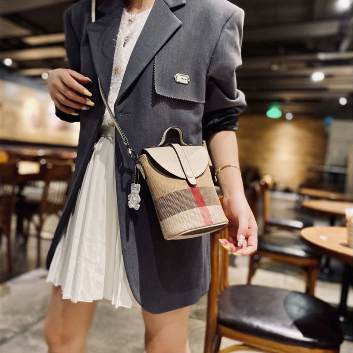 Real Leather Canvas Contrast Color One Plaid Fashion Buckle