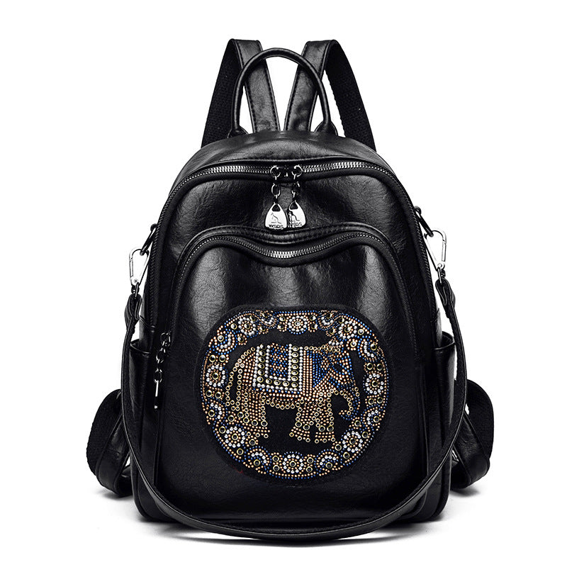 Women's Sheepskin Embroidered Lucky Elephant High-grade Rhinestone Backpacks