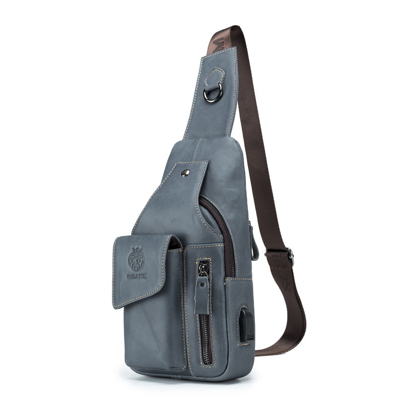 Men's First Layer Cowhide Blue Genuine Leather Men's Chest Bags