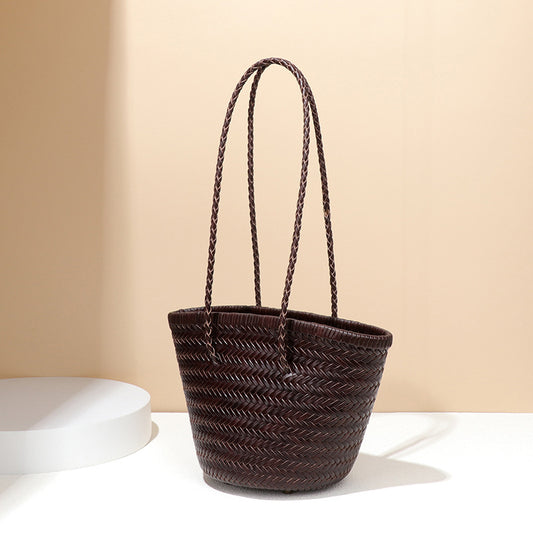 Retro First Layer Cowhide Hand-woven Single Niche Leather Bucket Bags
