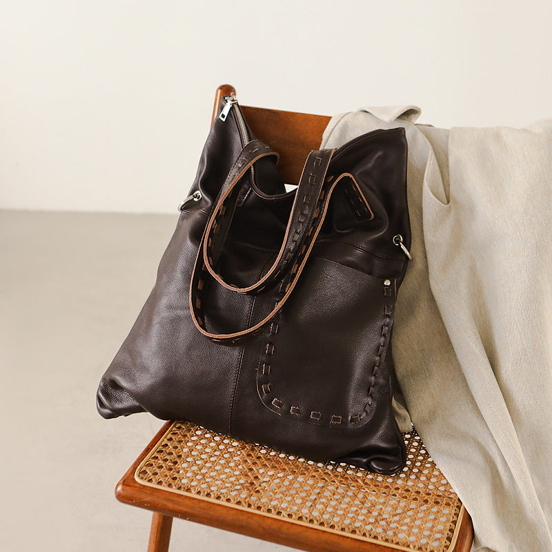 Women's Style Vegetable Tanned Cattle Leather Genuine Large Shoulder Bags