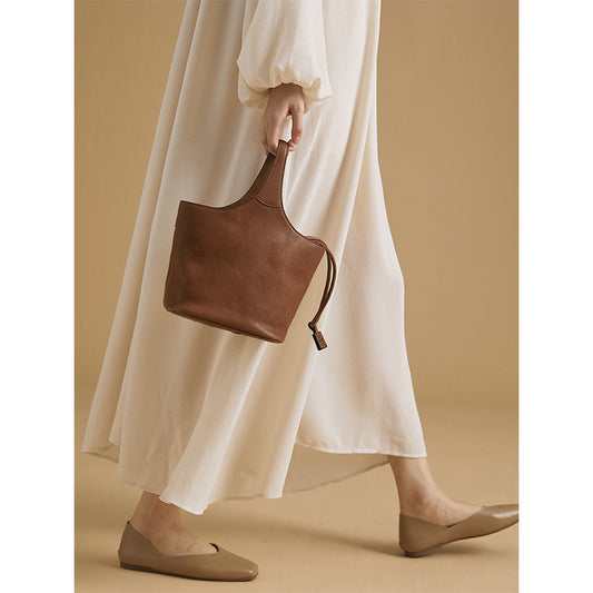 Women's Leather Vintage Genuine Flower Basket Commuter Bucket Bags