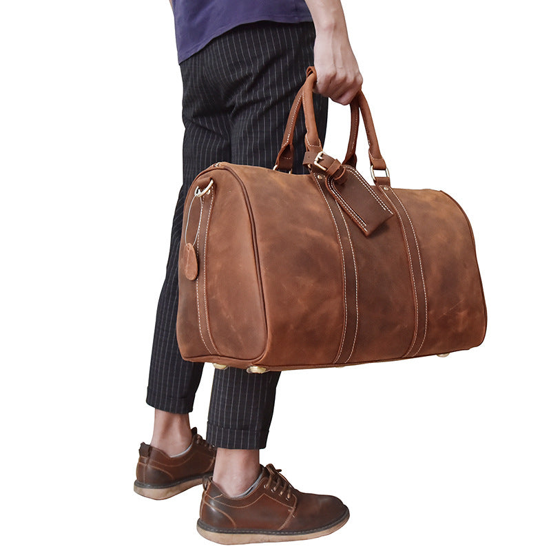 Men's Retro Traveling Crazy Horse Leather Cylinder Travel Bags