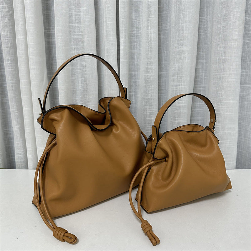 Women's Soft Cowhide Drawstring Lucky Large Size Bucket Bags