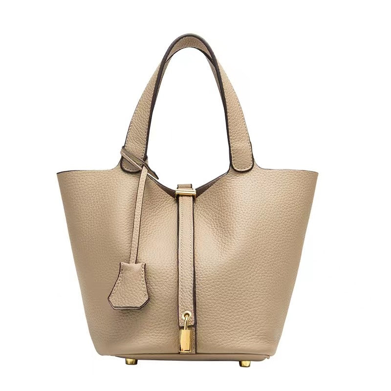 Women's Basket Lychee Pattern First Layer Cowhide Solid Bucket Bags