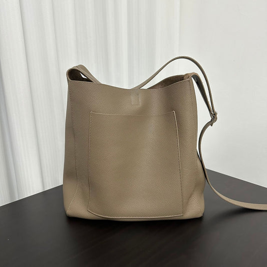 Women's Leather Black Large Minimalist Style Low-key Underarm Bucket Bags