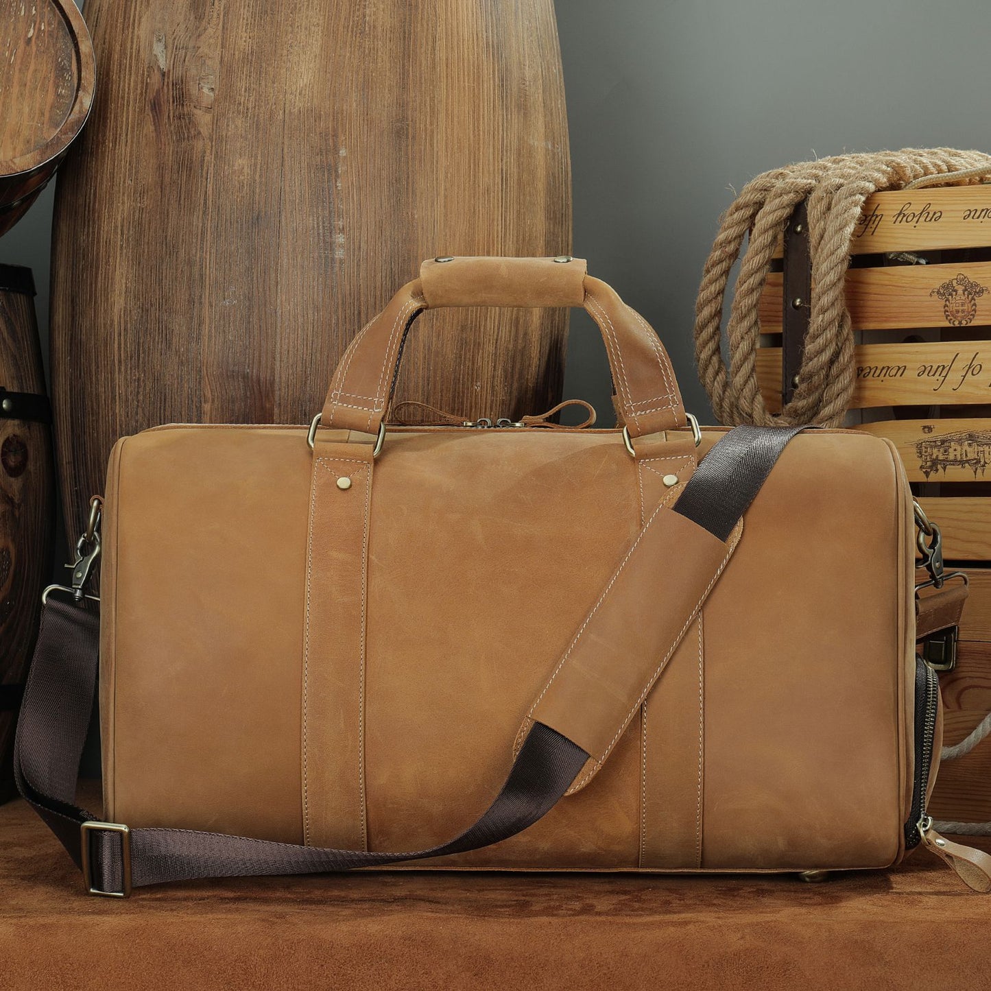 Men's Traveling Black With Shoe Position Cowhide Travel Bags