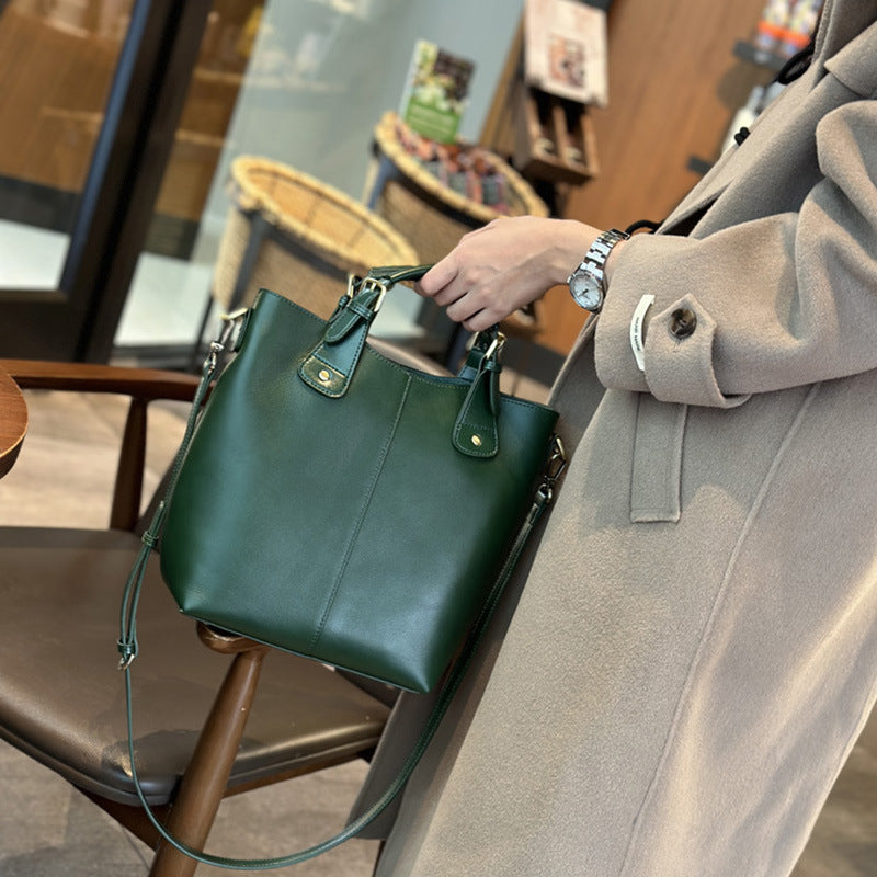 Women's Classic Vegetable Basket Genuine Leather Large Capacity Bucket Bags