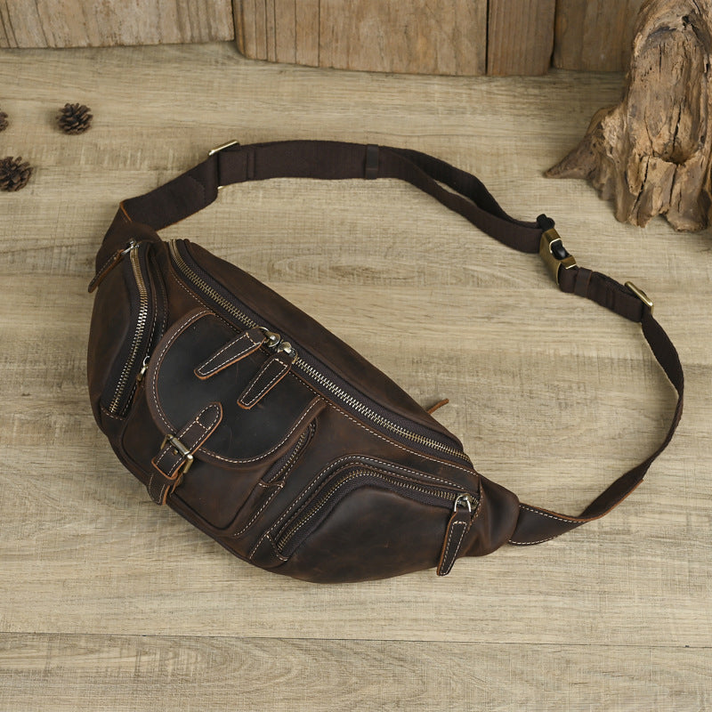 Crazy Horse Leather Retro Motorcycle Genuine Men's Chest Bags