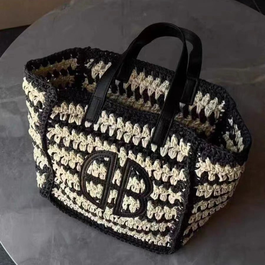 Fashion Straw Concave Design Contrast Color Tote Bags