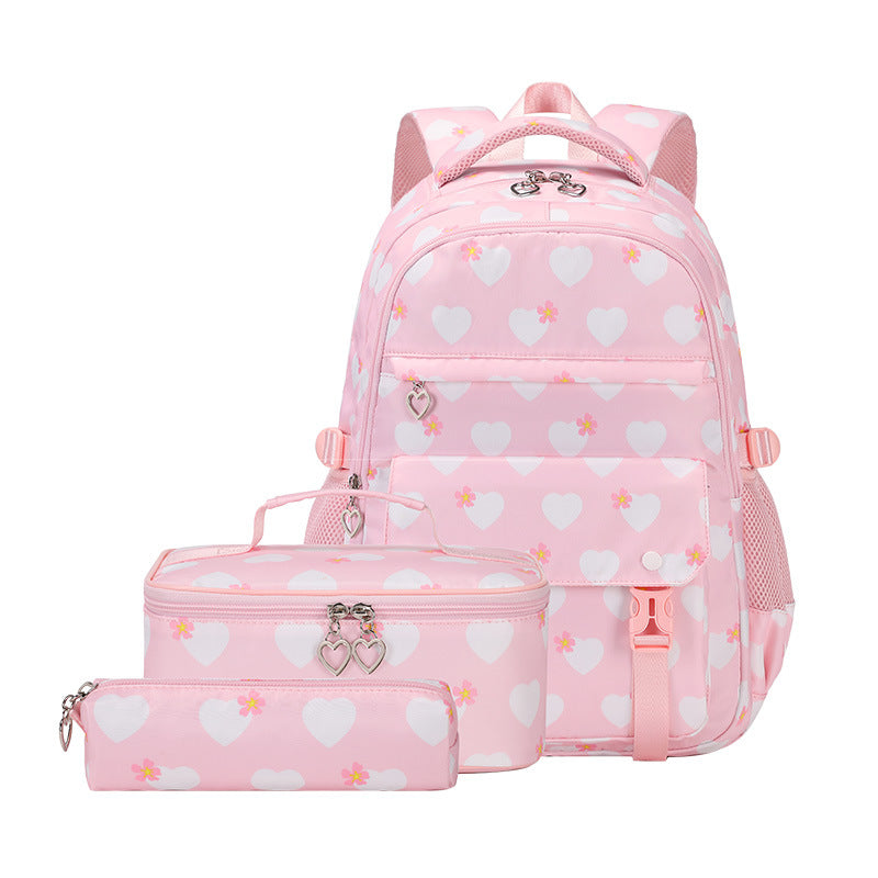 Female With Hearts Printed Macaron Three-piece Backpacks