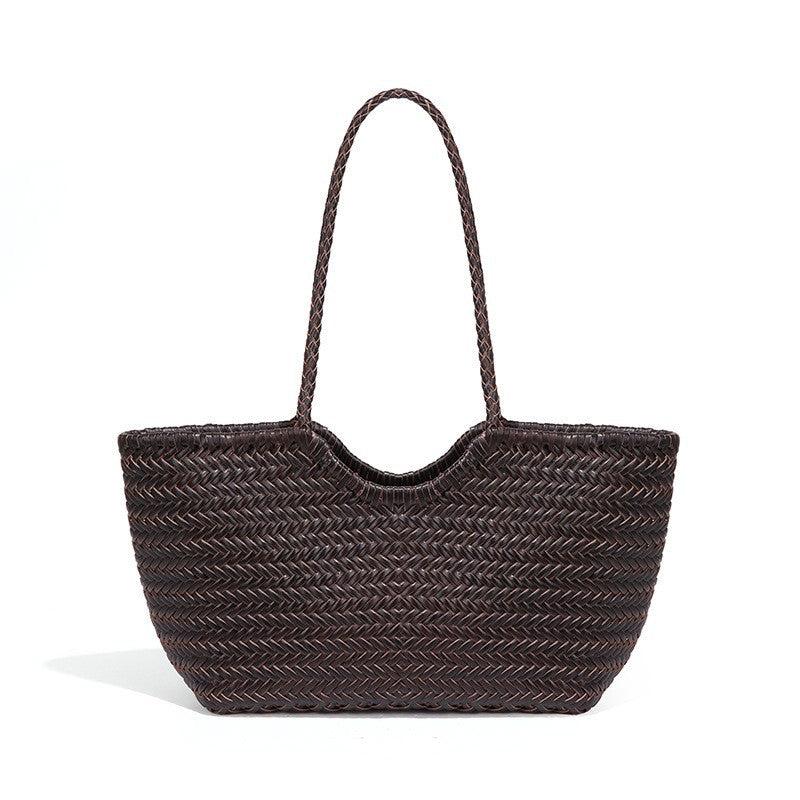 Retro Vegetable Basket Top Layer Cowhide Leather Design Tote Bags