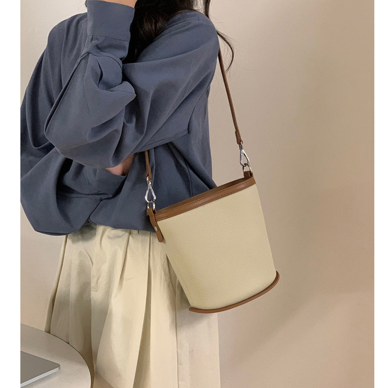 Women's Design Cowhide Leather Fashion Color Contrast Bucket Bags
