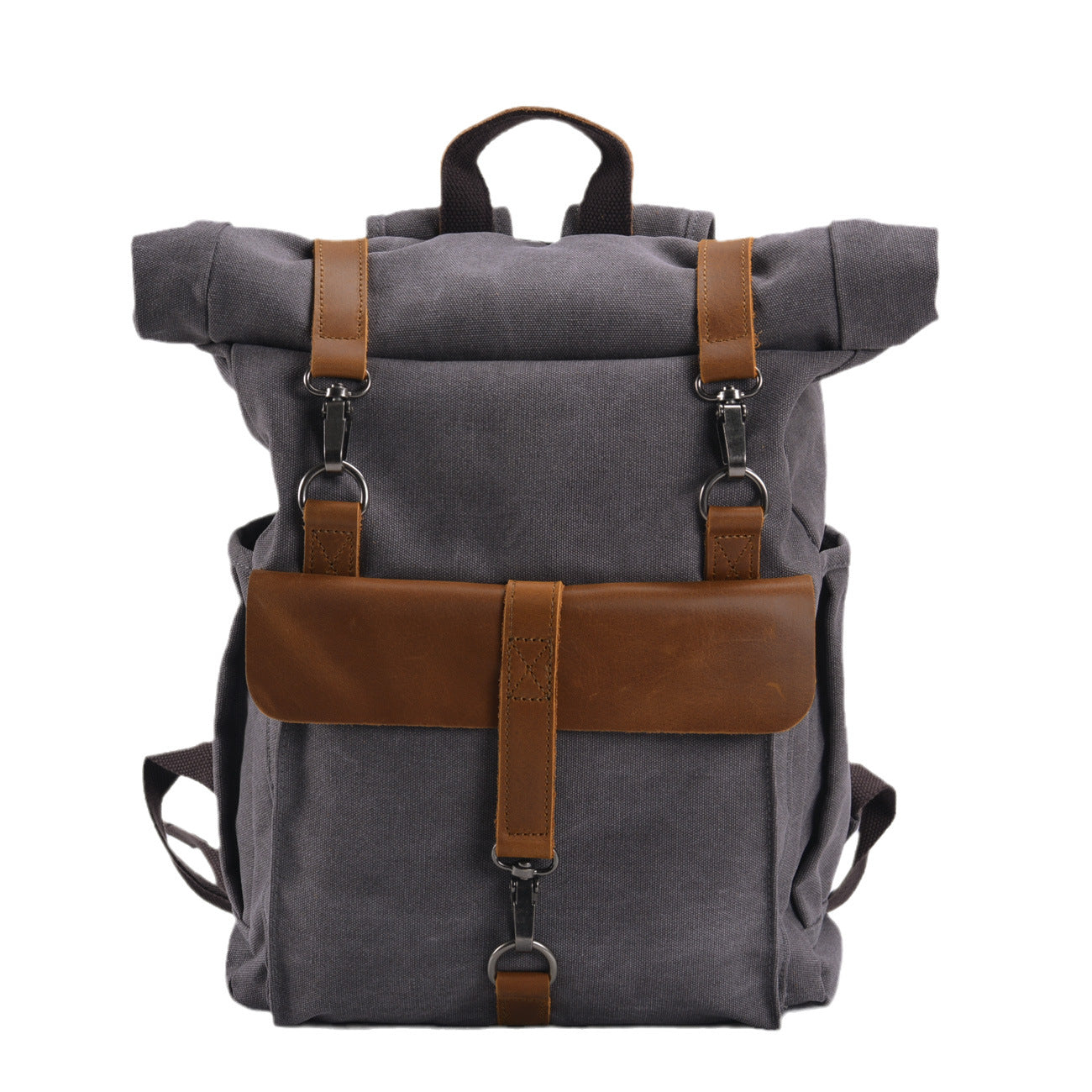 Men's Retro Canvas College Style With First Layer Cowhide Roll Backpacks
