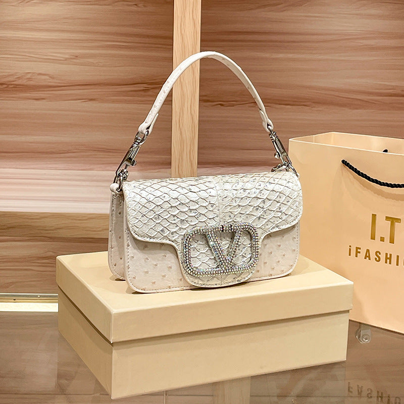 Women's Genuine Leather Light Luxury Diamond Ostrich Cowhide Crossbody Bags