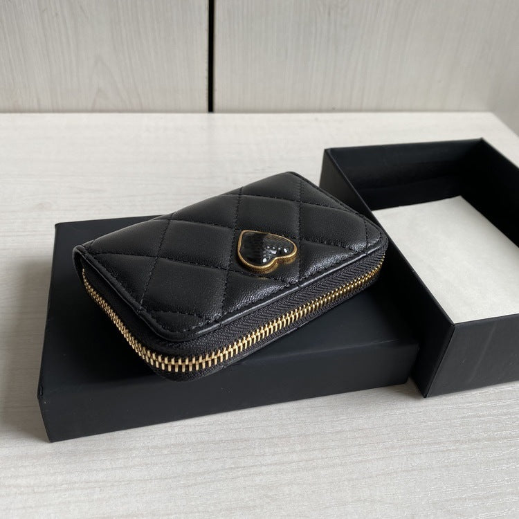 Rhombus Classic Style Sheepskin Zipper Genuine Card Holder