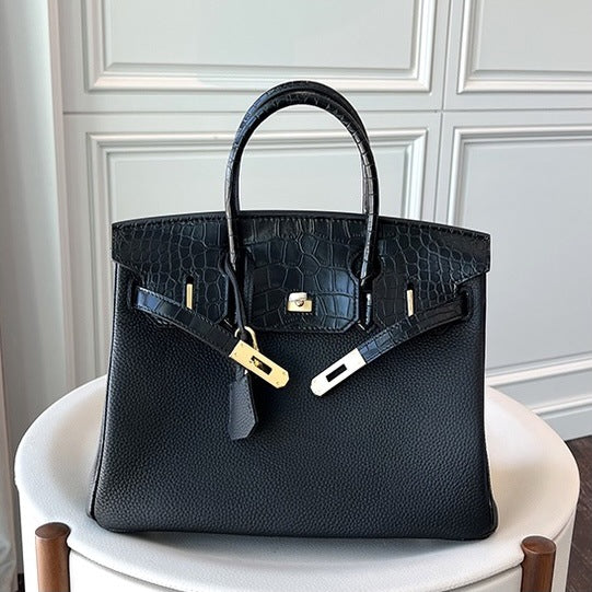 Women's Layer Cowhide Lychee Pattern Stitching Crocodile Large Capacity Handbags