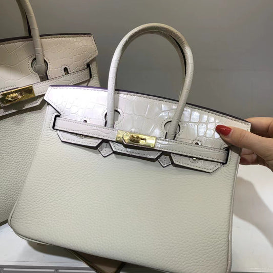 Pattern Color Matching Calfskin Litchi Genuine Handbags