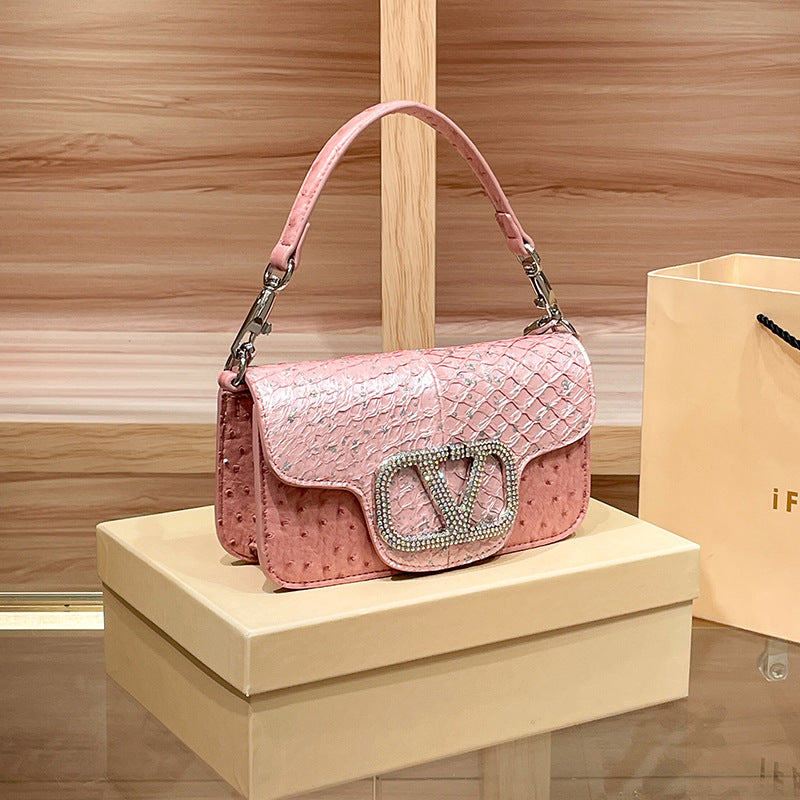 Women's Genuine Leather Light Luxury Diamond Ostrich Cowhide Crossbody Bags
