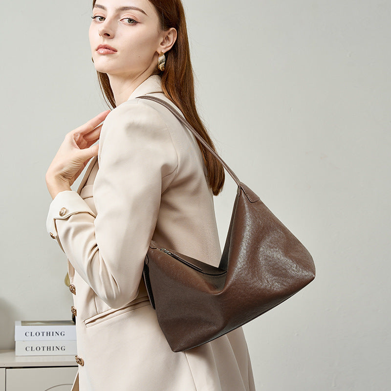 Layer Vegetable Tanning Leather Underarm Commuter Tote Bags
