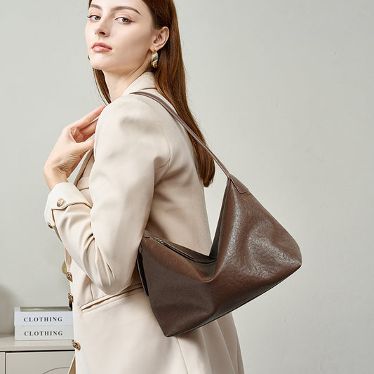 Layer Vegetable Tanning Leather Underarm Commuter Tote Bags