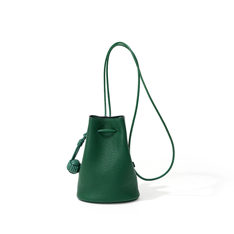 Women's Niche Drawstring Genuine Leather Simple First Bucket Bags