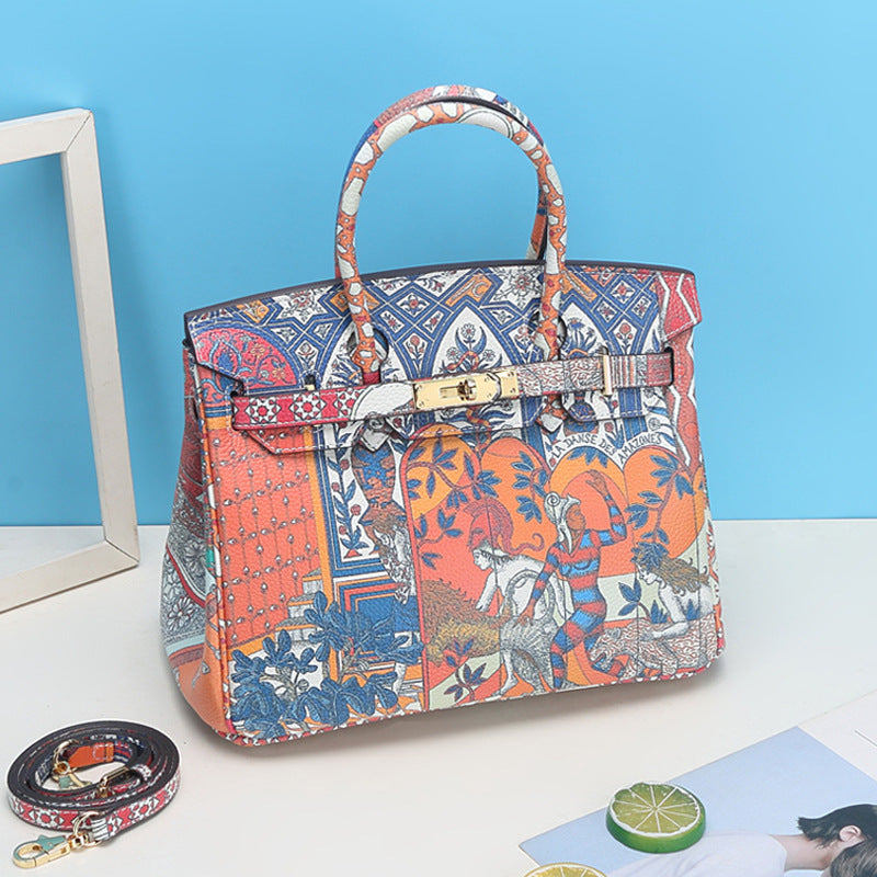 Women's Litchi Pattern Top Layer Cowhide Print Painted Genuine Handbags