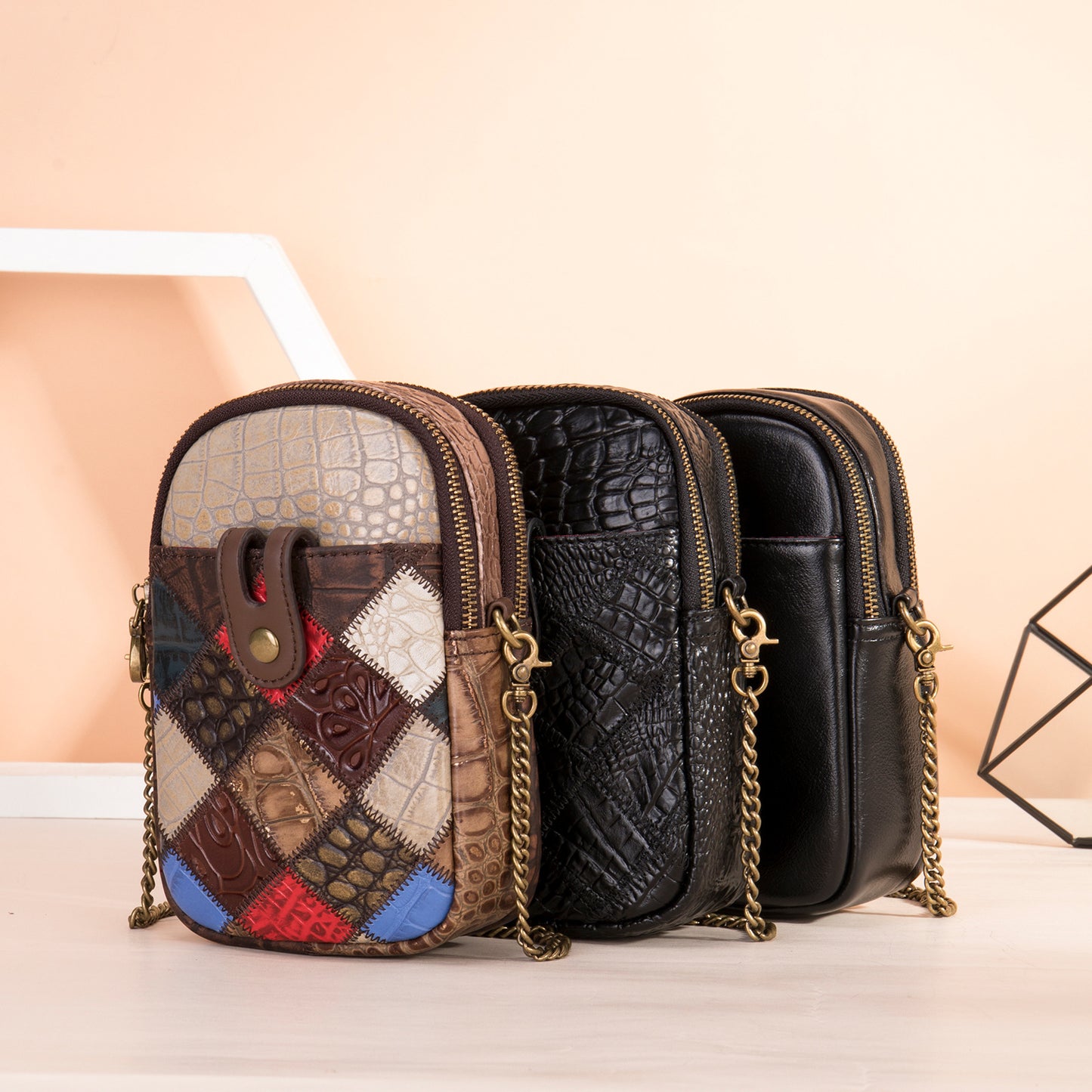 Women's Top Layer Cattlehide Leather Fashion Trendy Phone Bags