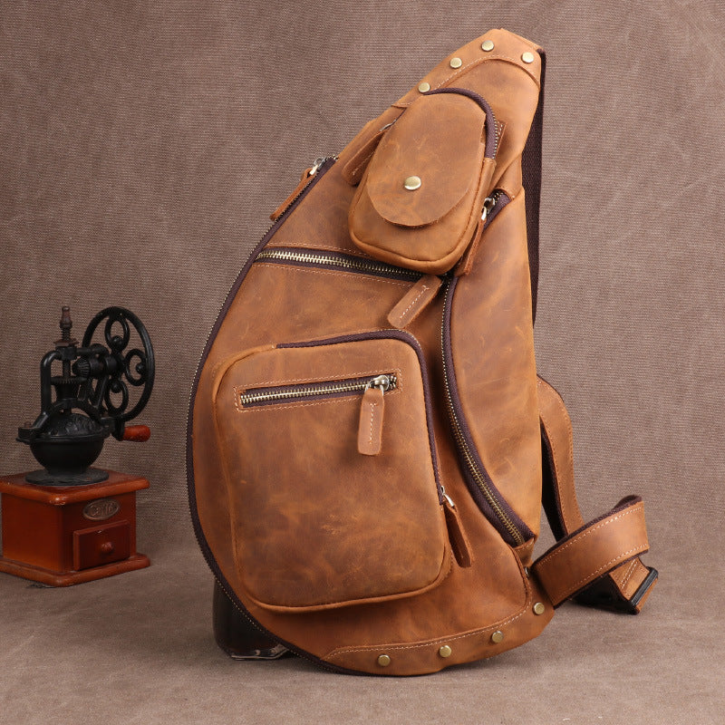 Men's Horse Leather Genuine Large Capacity First Layer Cowhide Riding Men's Chest Bags