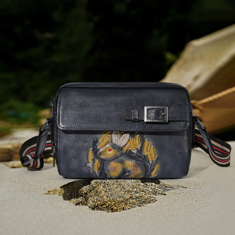 Chinese Style Embossed Rabbit First Layer Shoulder Bags