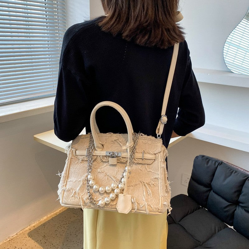 Women's Retro Handmade Denim Portable Kelly Early Autumn Handbags