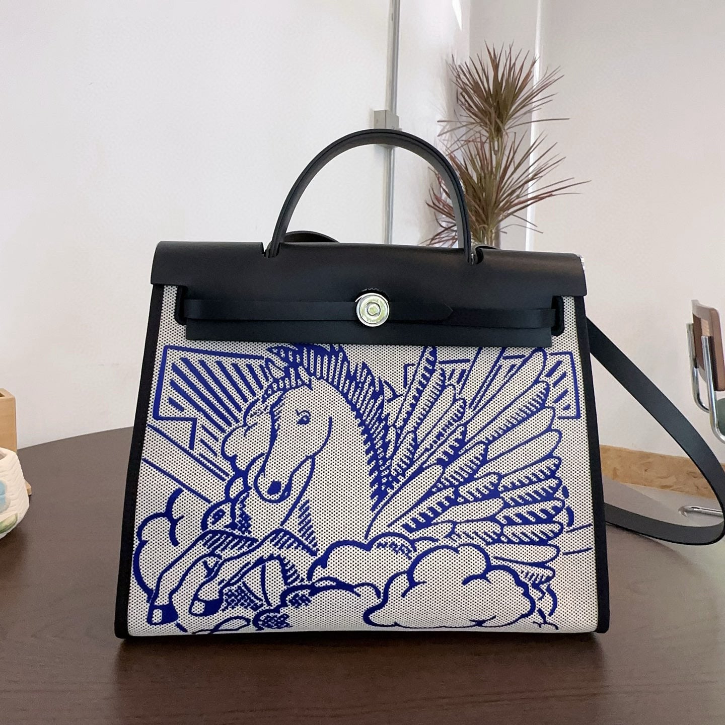 Women's Kelly Cowhide Stitching Canvas Large Capacity Handbags