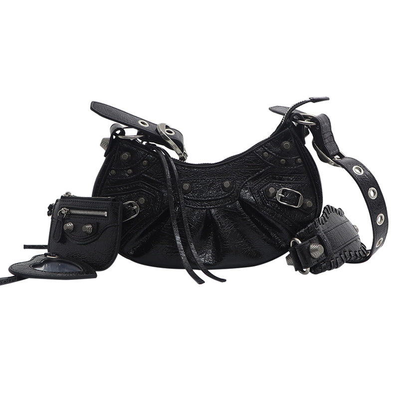 Women's Three-in-one Motorcycle High Quality Rivet Pleated Oil Wax Crossbody Bags