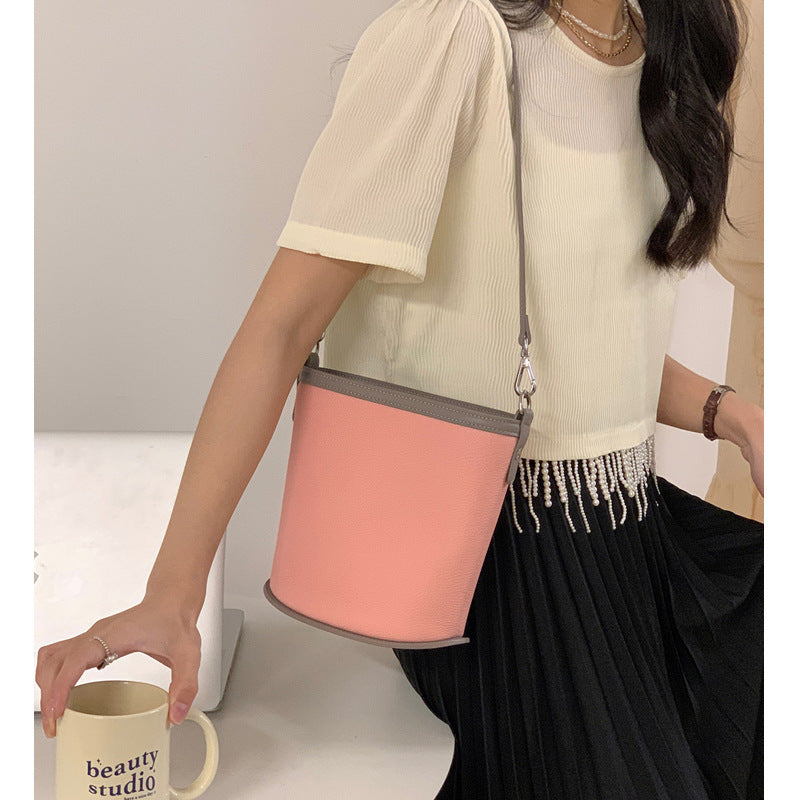 Women's Design Cowhide Leather Fashion Color Contrast Bucket Bags