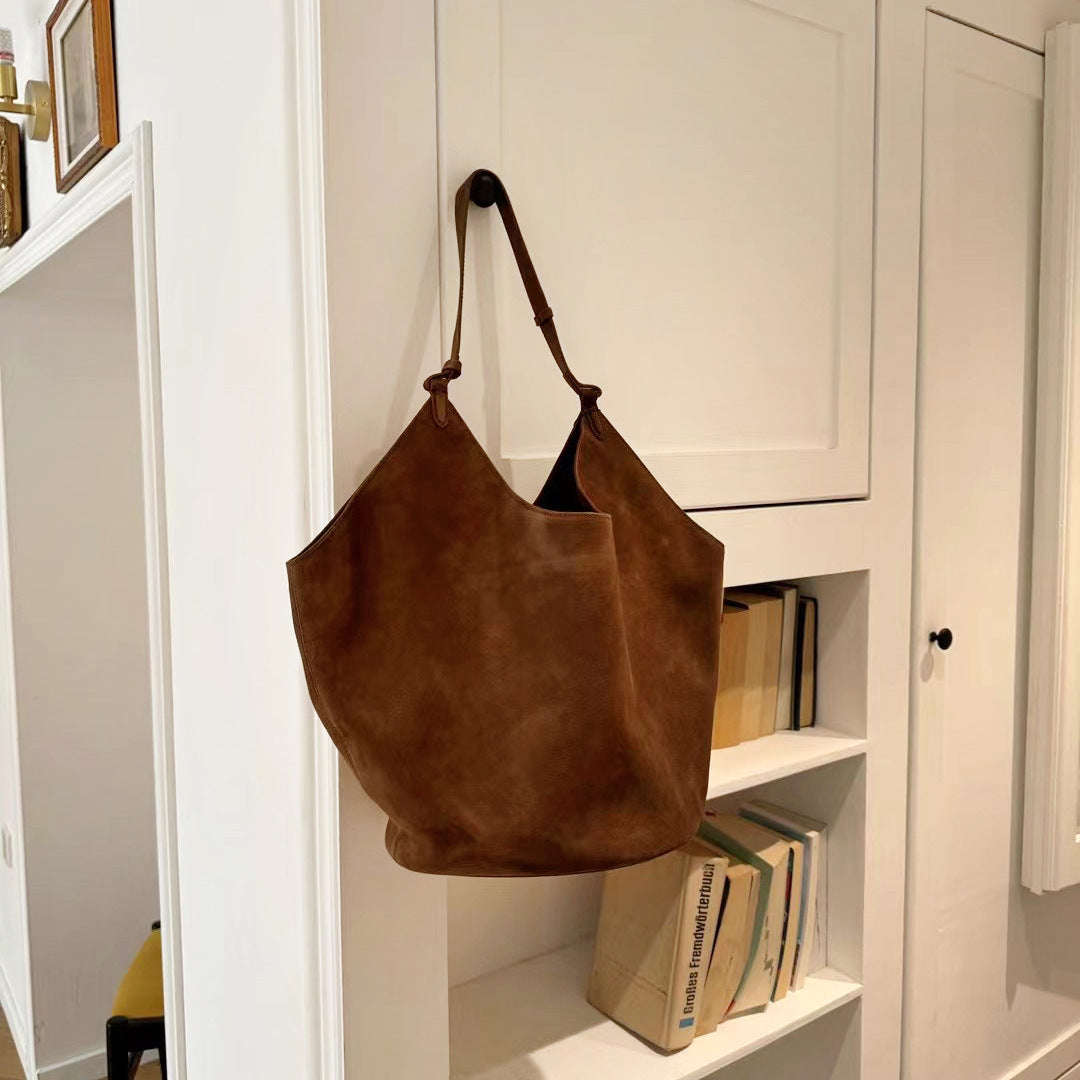 Women's Niche Designer Frosted Cowhide Large Capacity Bucket Bags