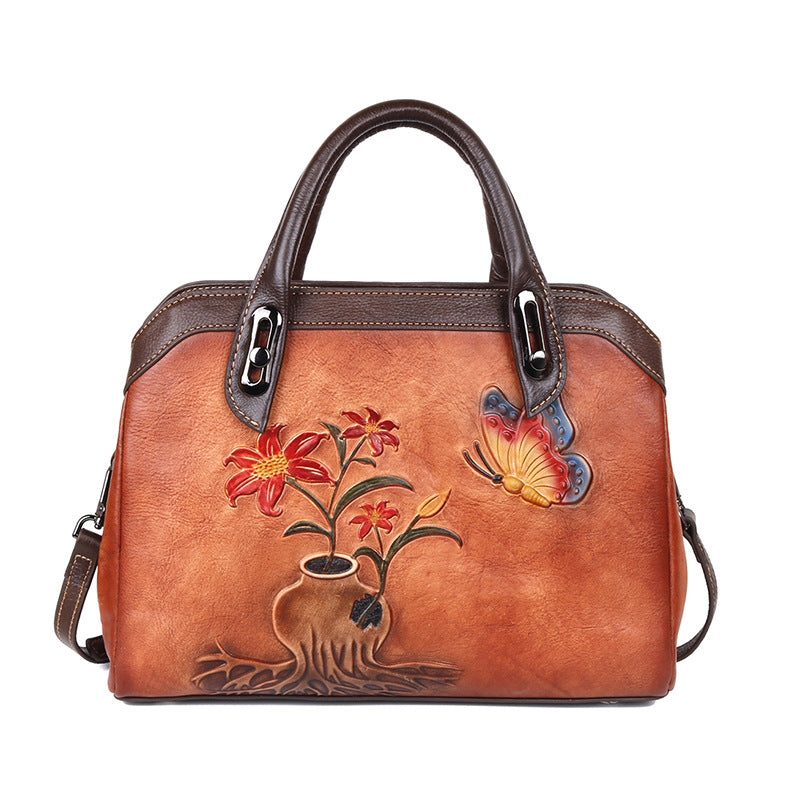 Women's Layer Cowhide Leather Chinese Style Vintage Floral Shoulder Bags