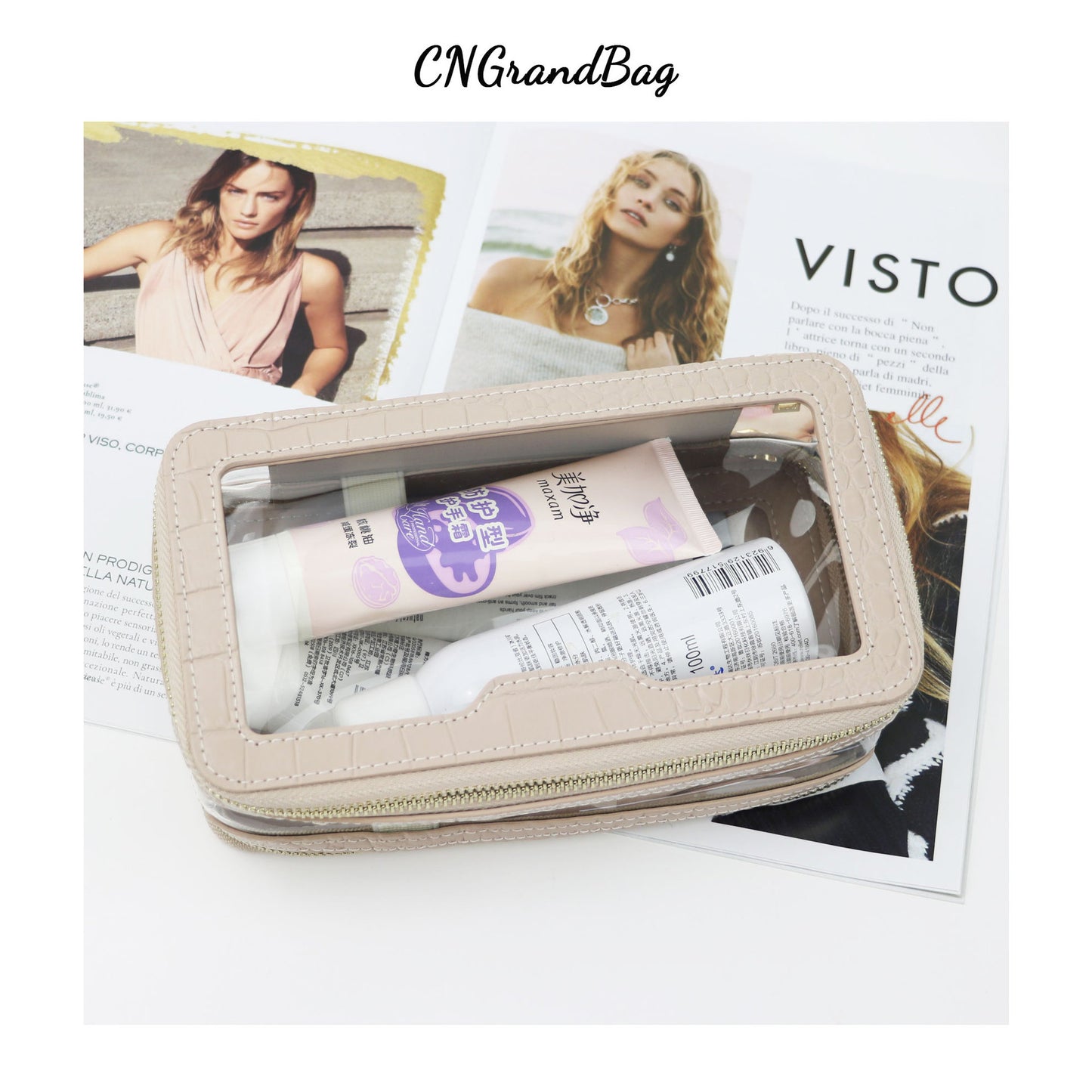 Leather Transparent Waterproof Portable Toiletry Double Cosmetic Bags